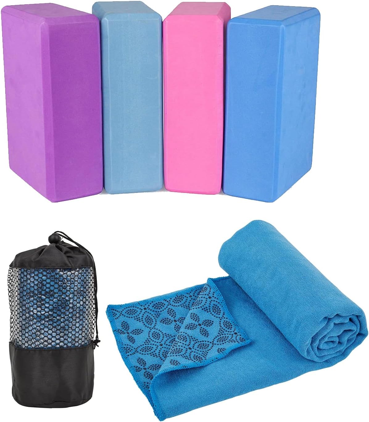 4 Pack High Density Yoga Blocks 9''x6''x3'' + Blue Non Slip Hot Yoga Mat Towel with Grip Dots