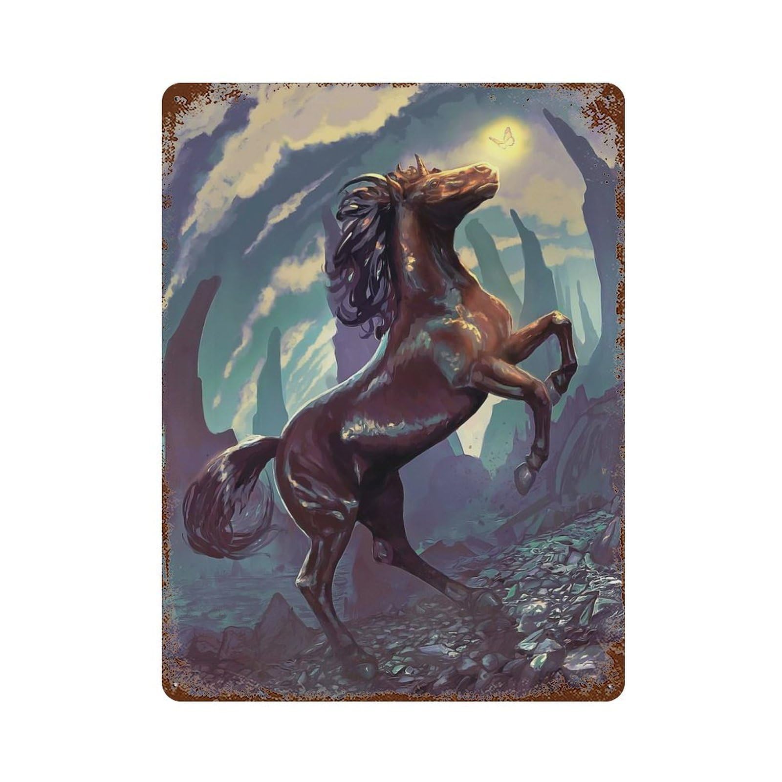 Decorative Tin Sign Horse And Butterfly 15.7"x11.8", Novelty Wall Decor for Shed, Workshop And Garage Wall Decor