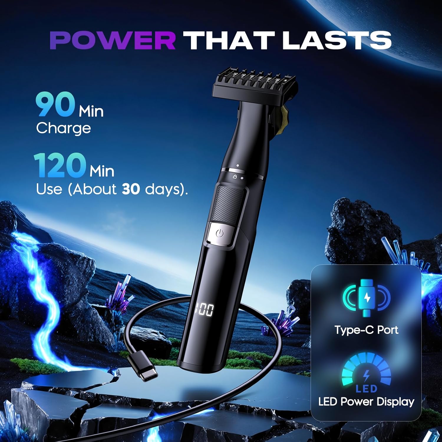 Electric Razor for Men 5 in 1, Beard Trimmer Kit with Adjustable 1–8mm Comb, Body Shaver, Nose & Ear Hair Trimmer, IPX7 Waterproof, Type-C Fast Charge, LED Display, 120-Min Cordless Use - Image 5