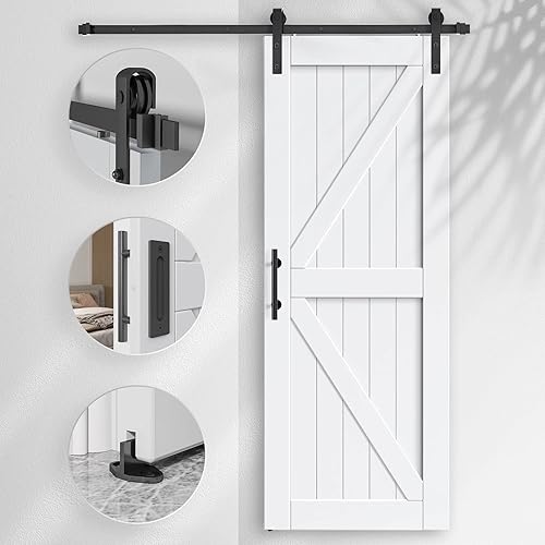 Miniatura 3 de EaseLife Puerta corredera de granero de 28 x 84 pulgadas con kit de riel de puerta de granero de 5 pies incluido, losa de madera LVL maciza cubierta