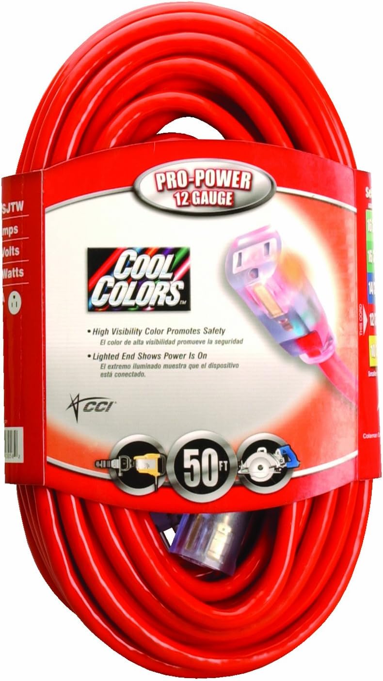 Coleman Cable 02578-04 50-Foot 12/3 Neon Outdoor Extension Cord, Bright Red