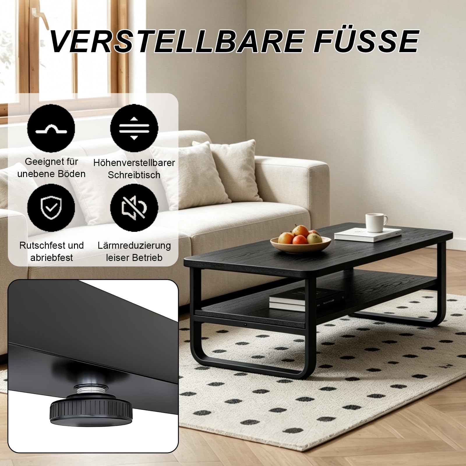 Couchtisch aus Holz für Wohnzimmer, 2-Stöckiger Beistelltisch mit Metallbeinen, Breiter Tischplatte und Offenem Stauraum, Tisch für Wohnzimmer, Büro, Schlafzimmer