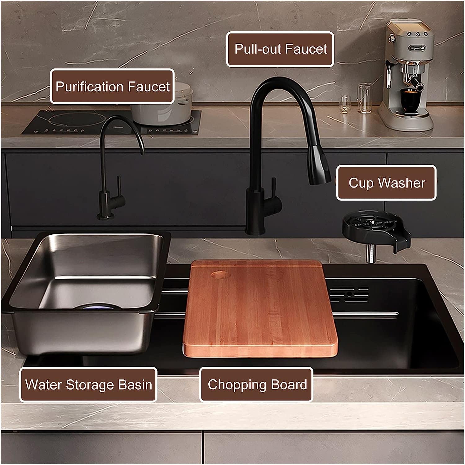 Fregadero de cocina con grifo extraíble y accesorios para instalación moderna en el hogar