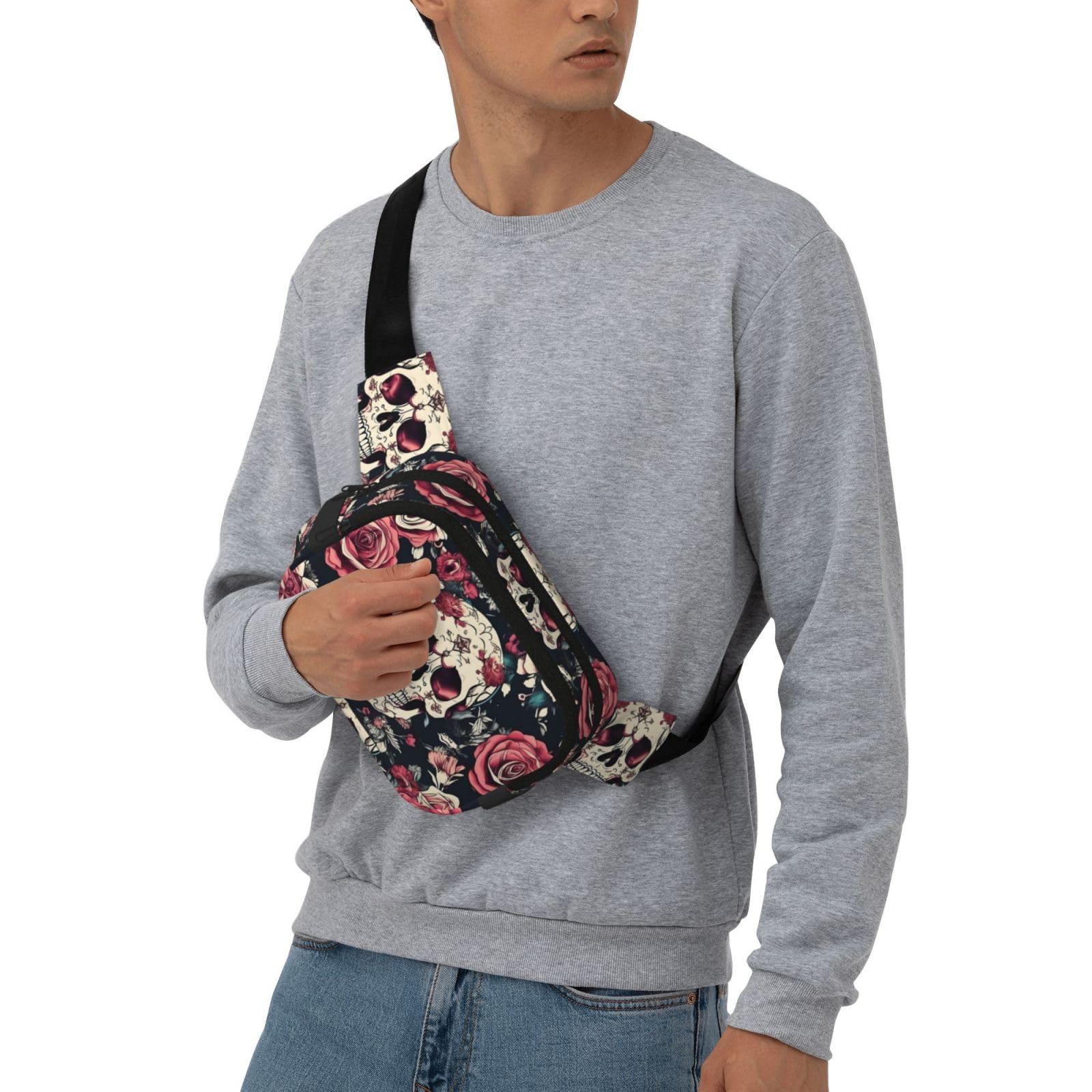 Kwiaty, czaszka, ozdobny, zamek błyskawiczny, saszetka, torby crossbody z regulowanym paskiem do joggingu, jazdy na rowerze, Czarny, Jeden rozmiar