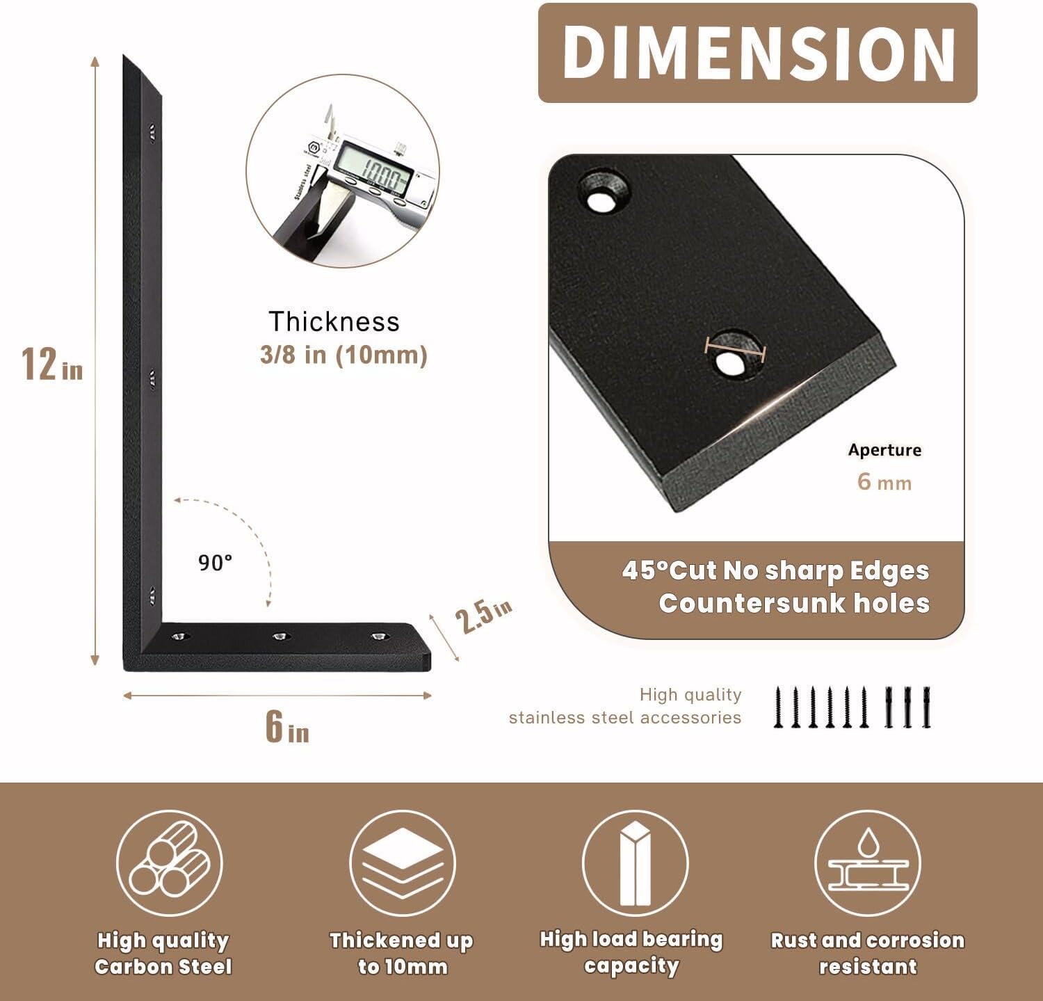 Countertop Support Bracket 12 Inch 4 Pack Countertop Bracket for Granite 3/8" Thick 12"x6"x2.5" Heavy Duty L Brackets Shelf Brackets Metal Corbels for Quartz/Granite/Wood/Concret/ Laminate Countertops