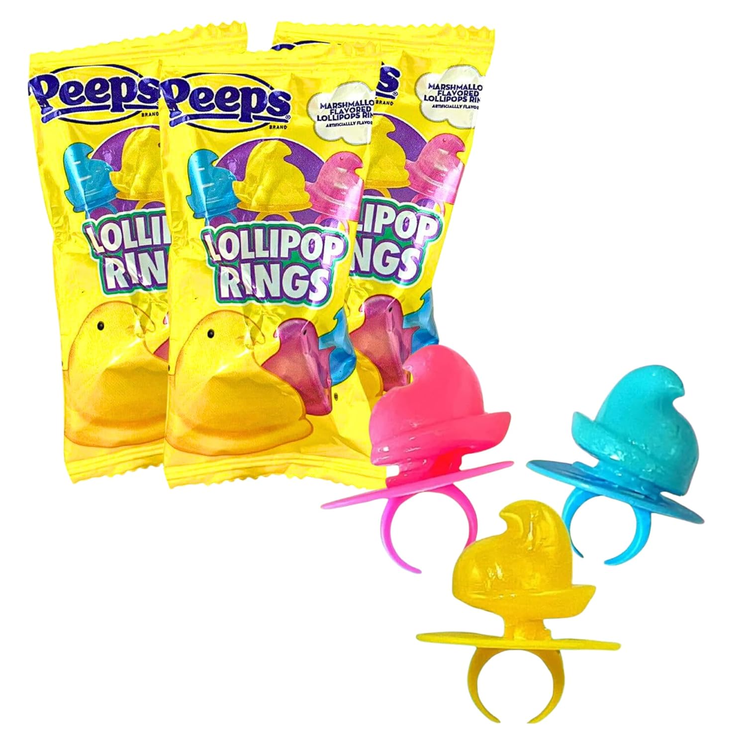 Peeps Lollipop Rings, Multicolored Chick Shaped Suckers, Individually Wrapped Candies (Pack of 3)