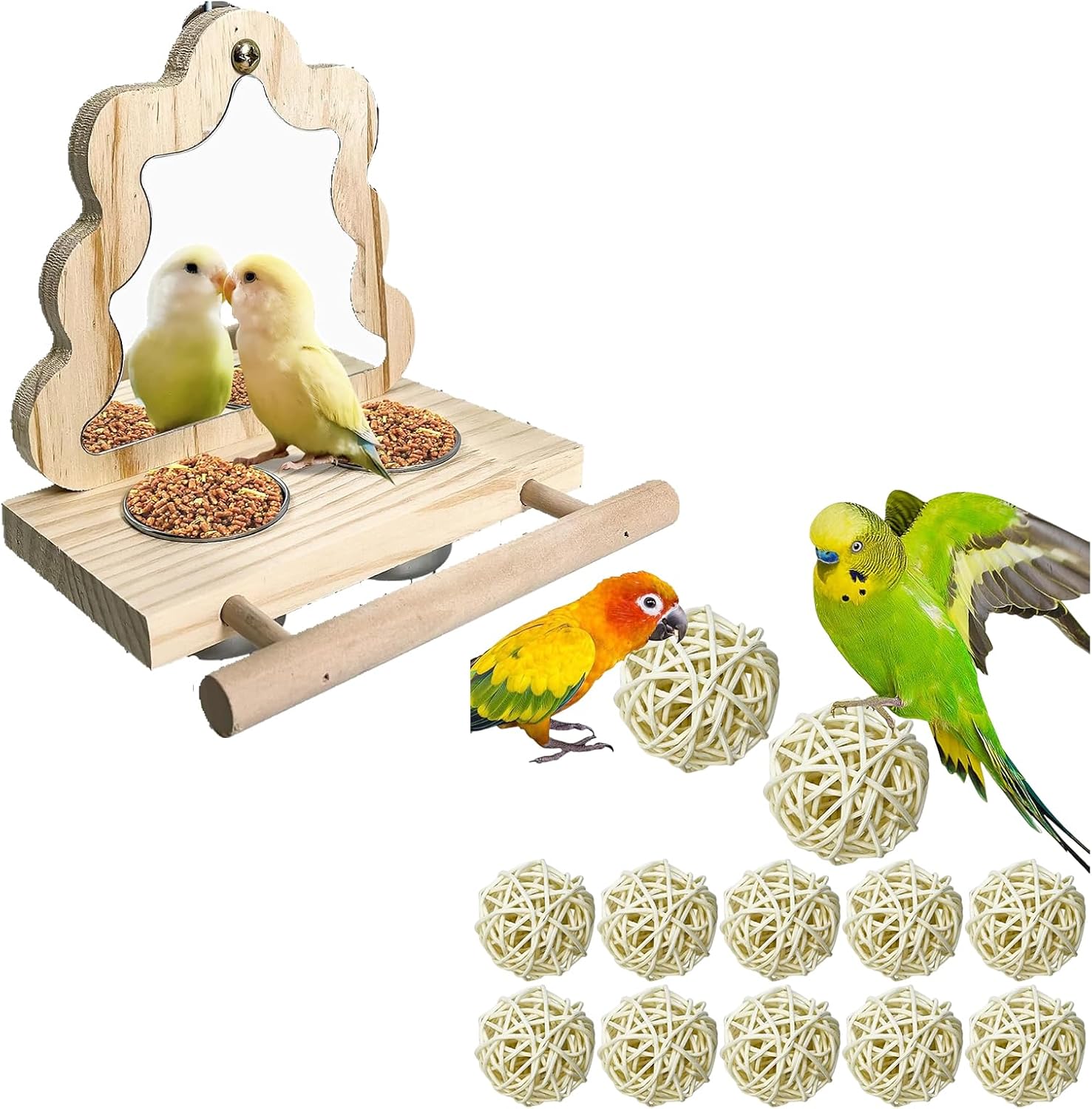 Parrot Wood Platform Feeding Cups (6" L*5" W*6" H) &10 Pcs Willow Ball (2" D)