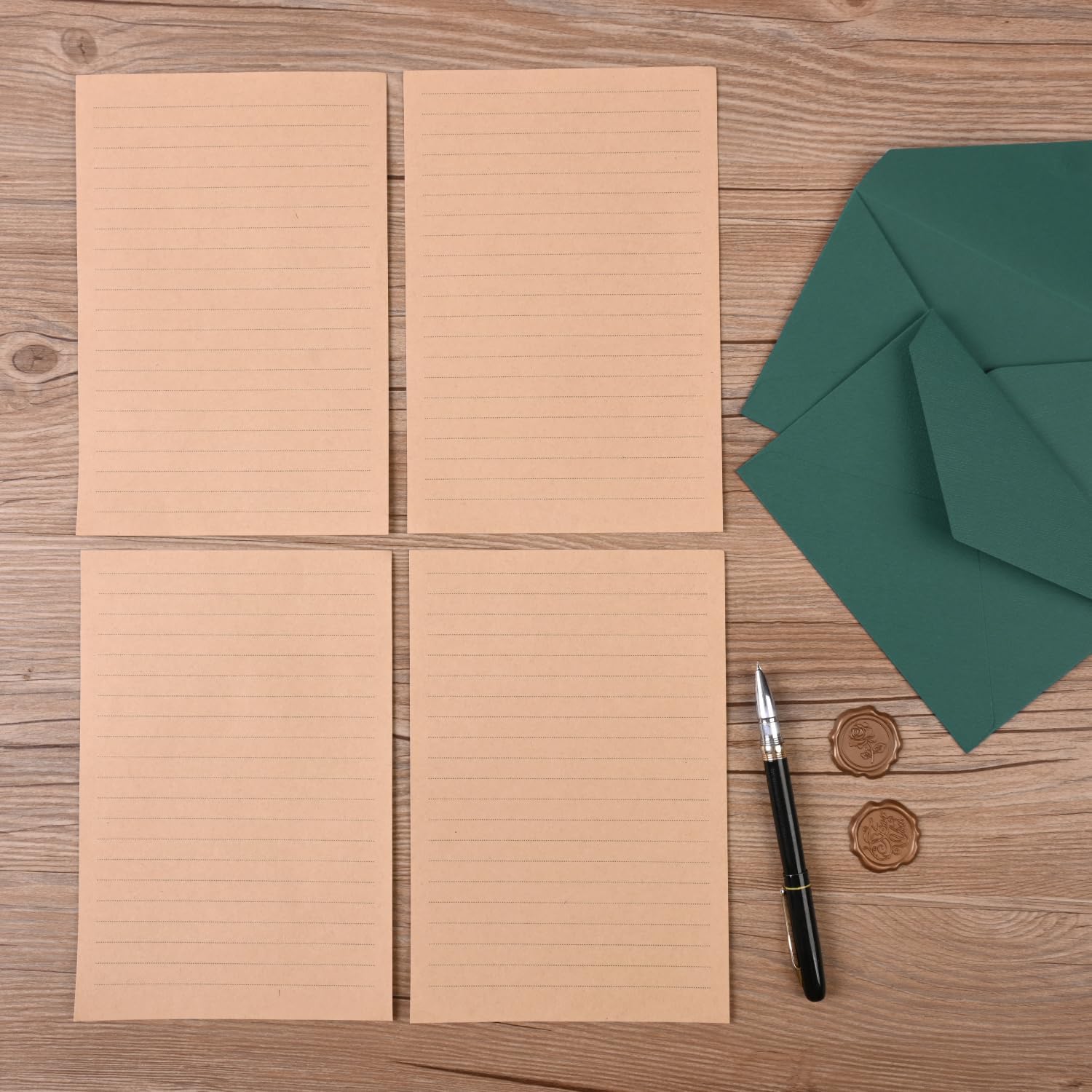 Set Vintage Carta da Lettere con Buste, 12 Buste Lino, 12 Adesivi Sigilli Cera, 24 Carte Kraft per Matrimonio
