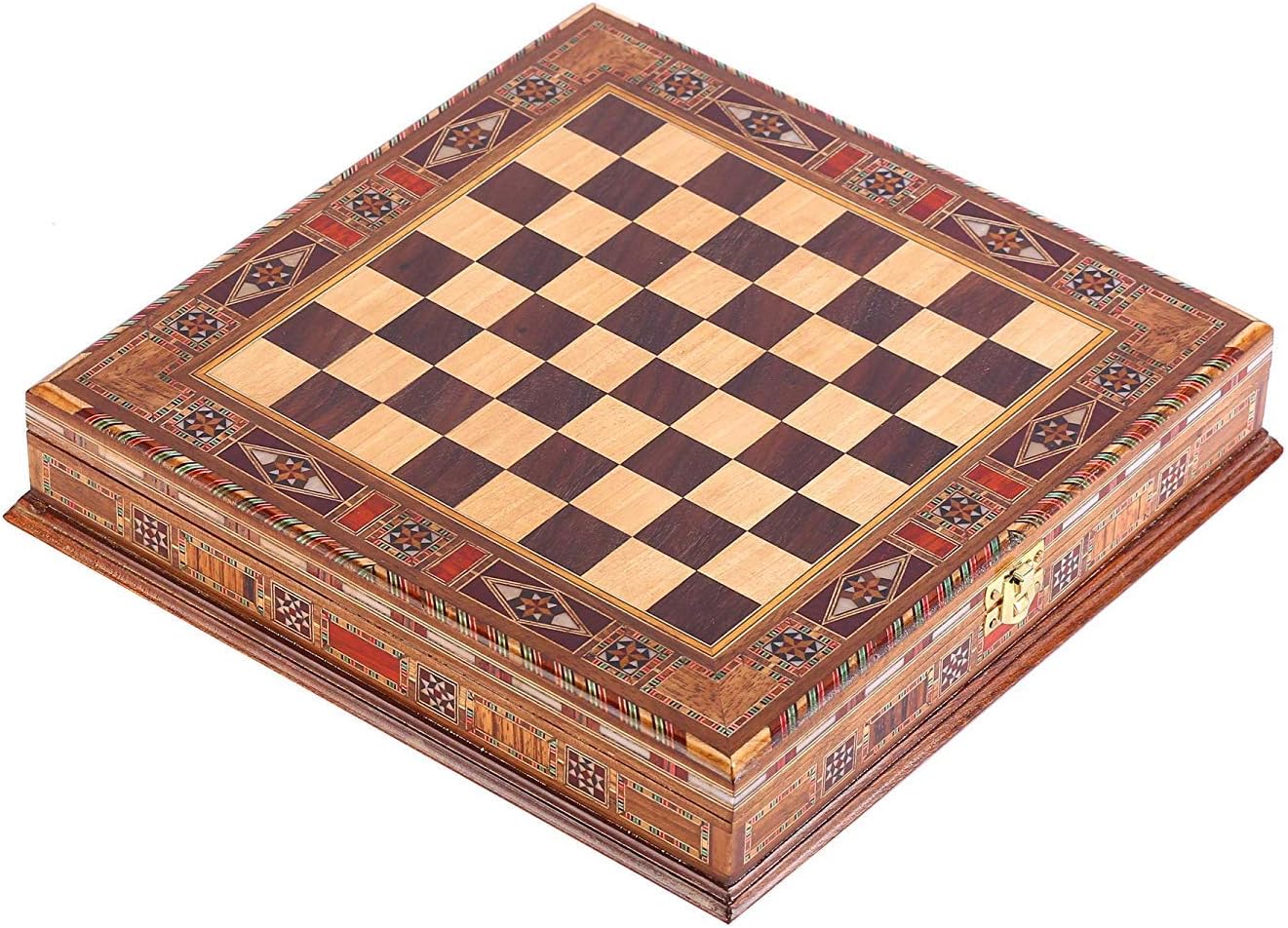 Natural Solid Wooden Chess Board with Pearl Design Around Board and Storage Inside 15 x 15 x 2.5 inches (Just Board, Without Chess Pieces)