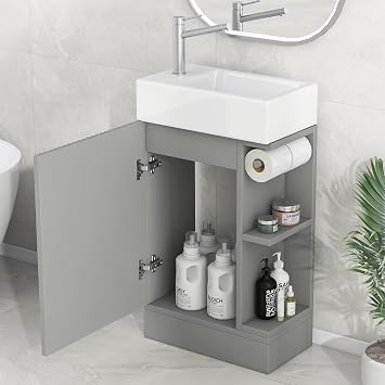 P PURLOVE 18.6 inch Small Bathroom Vanity with Sink,Solid Wood Single Narrow Bathroom Vanities with Side Storage