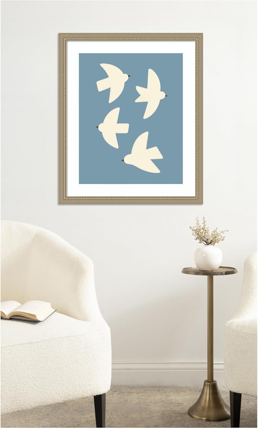 Kate and Laurel Framed Wall Art Print Minimalist Birds Poster Blue by Laura Moss, 22 x 26, Belmont Distress Silver Frame, Modern Contemporary, Animal Art for Wall Decor