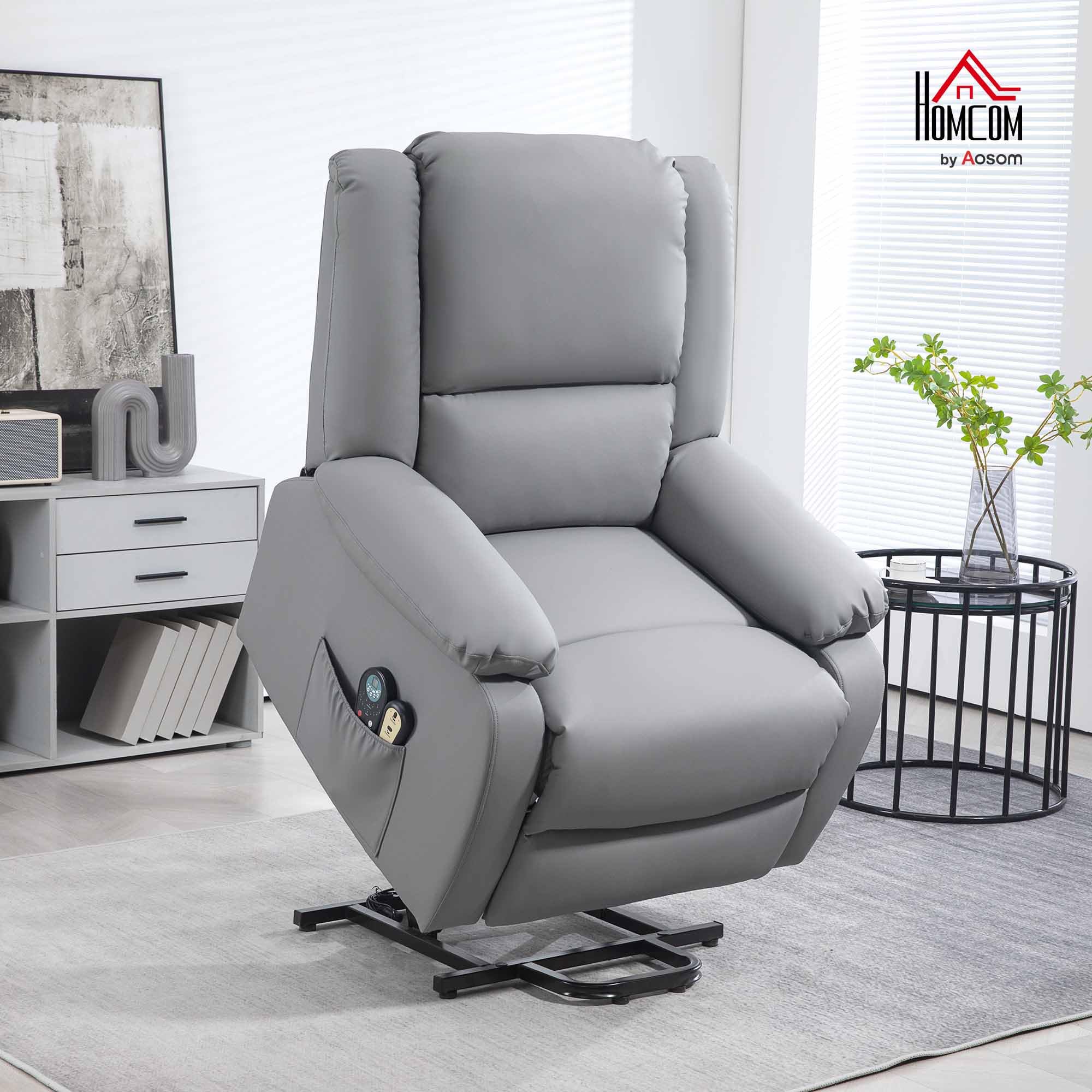 HOMCOM Sillón Relax Reclinable Eléctrico Levanta Personas Sillón Elevador con 8 Punto de Masaje Calor Lumbar 2 Controles Remotos Reposapiés Tela Resistente a los Arañazos y Bolsillo Lateral Gris