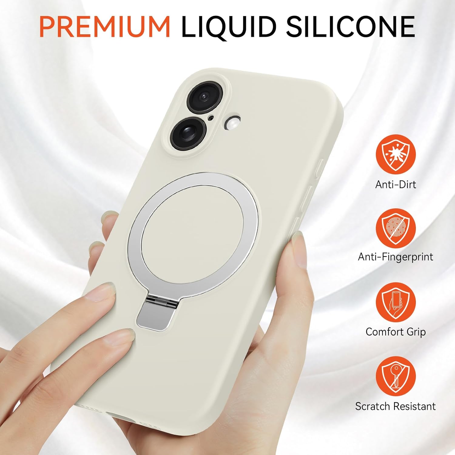 Compatible with iPhone 17 Case Stand, Slim Comfortable Liquid Silicone Phone Cases Fit for iPhone 17 Compatible with MagSafe Magnetic Ring Kickstand Stand Case Full Camera Protection, White
