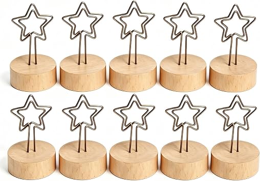 10PCS Number Holder, Star Shaped Iron Wire Photo Clip Table Sign Stand Number Holder Wooden Base Place Card Holder, Stable Card Picture Memo Note Photo Picks Clip Stand for Christmas Party
