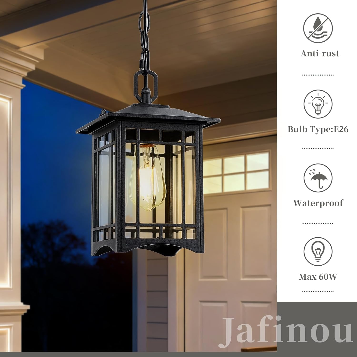 10.5'' Outdoor Pendant Lights for Porch，Black Outdoor Chandelier，Adjustable Long Chain for Porch, Gazebo, Front Door，1Pack (Small)