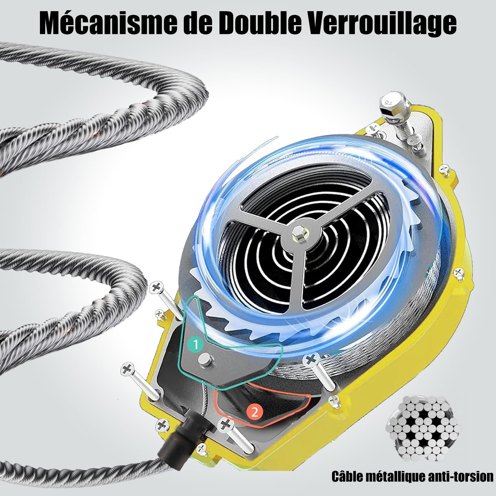 Dispositif Antichute a Rappel Automatique 3-20m, Harnais de Securite Chute Toiture, Stop Chute Toiture à Rappel Automatique Adapté aux Travaux en Hauteur et à l'Escalade(Jaune,10m)