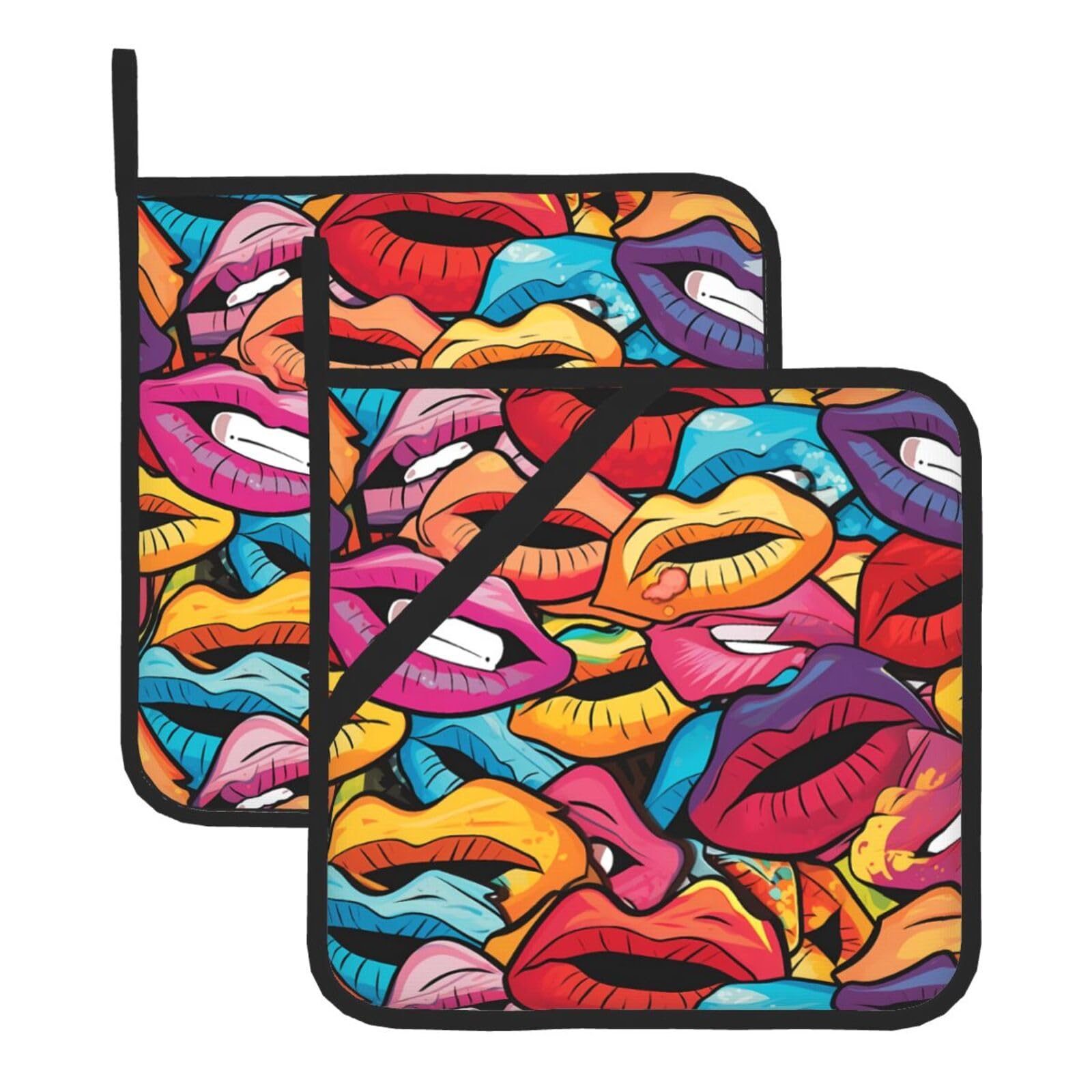 HJFCZH Graffiti Lips Printed Square Insulated Pot Mat Set (2-Piece) 8x8in Waterproof, Thickened & Easy to Clean with Lanyard Design for Kitchen, Oven & BBQ