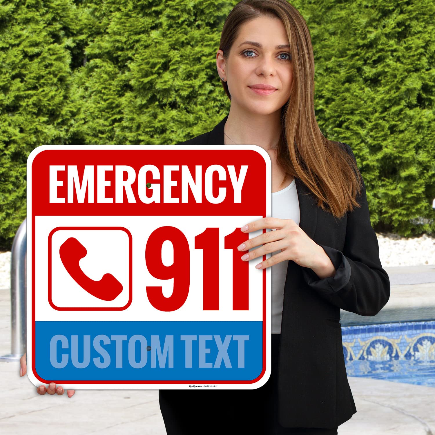 Custom Pool Emergency 911 with Graphic Sign, 18x18 Inches, Rust Free .063 Aluminum, Fade Resistant, Made in USA