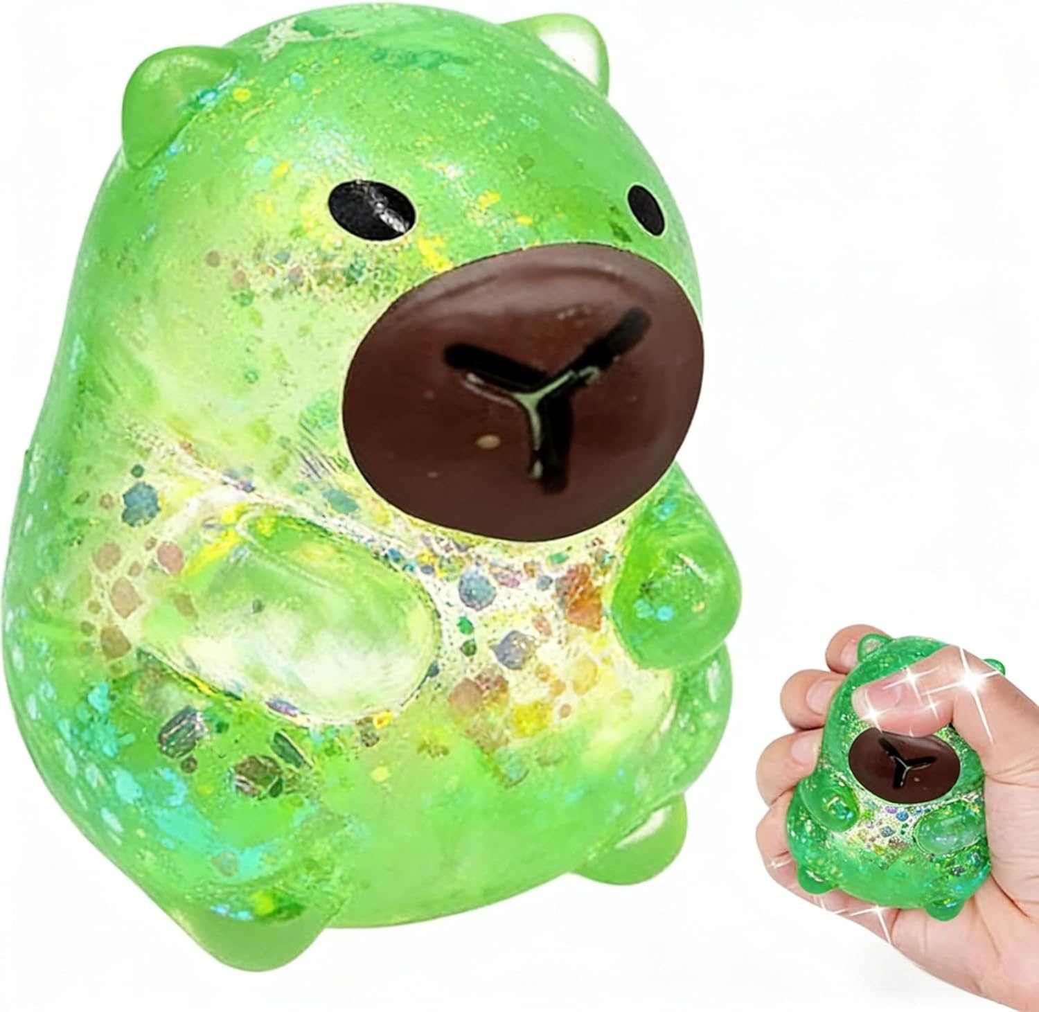 Glitter Capybara Squeeze Balls, Sensory Stress Ball Fidget Toys, Cute Malt Sugar Filled Sensory Fidget Toy, Animal Stress Relief Capybara Toys Stretchy Squeeze Toys for Birthday Party Gift (Green)