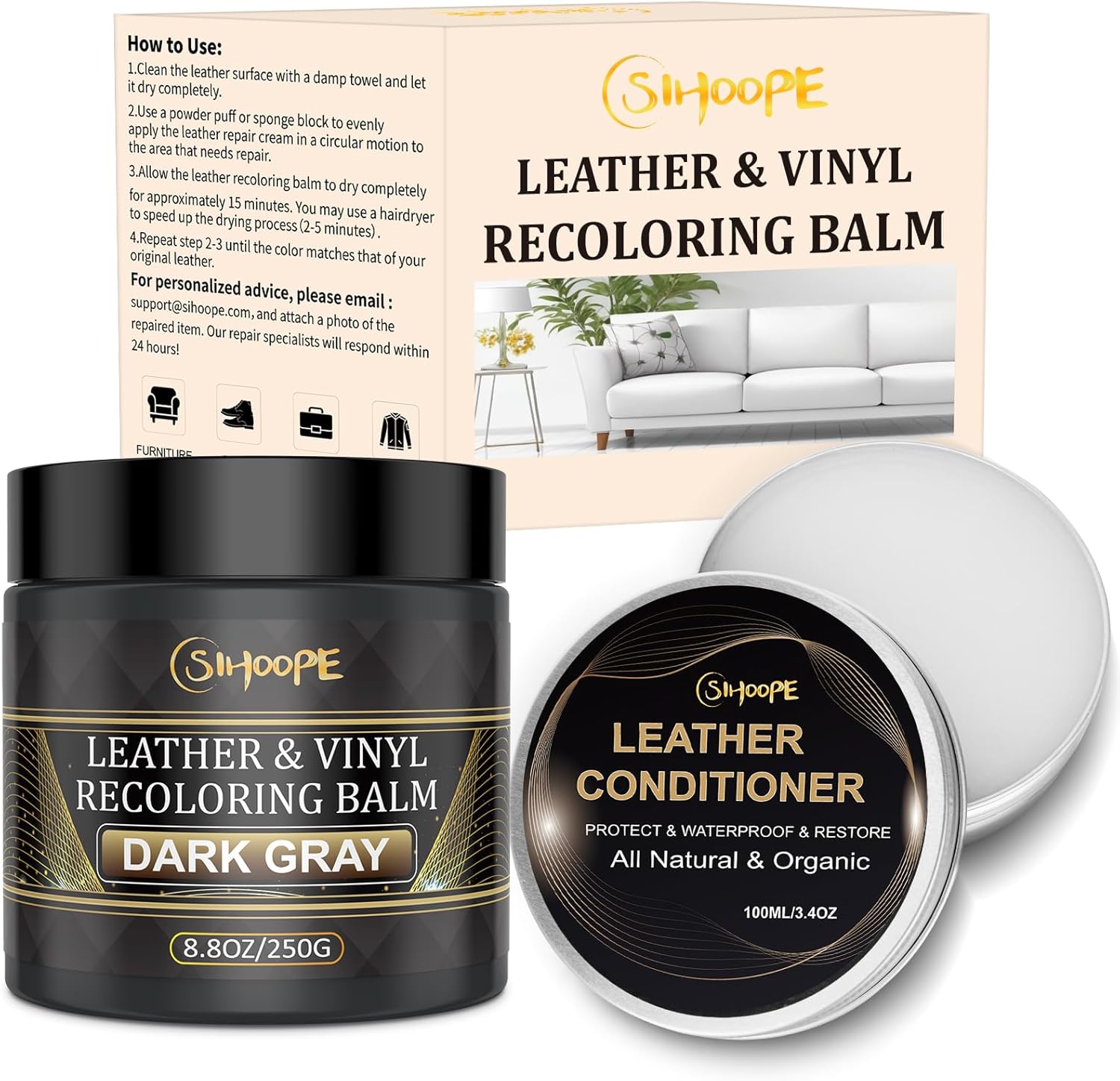 8.8oz Leather Recoloring Balm with 100ml Mink Oil,Dark Gray Leather Repair Kit for Furniture,Leather Repair Cream,Leather Scratch Repair for Car Interior,Leather Conditioner for Couch