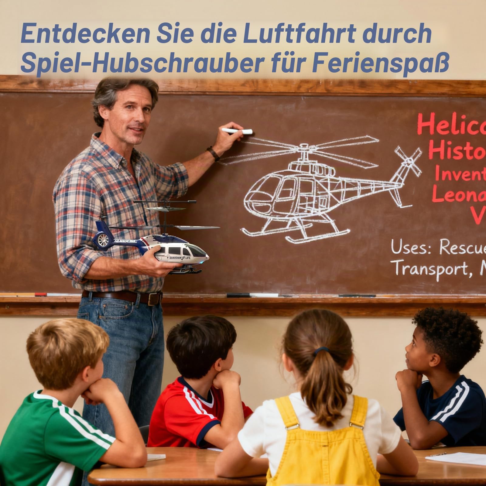 DEERC Ferngesteuerter Hubschrauber für Kinder, RC Militär Rettung mit Höhenhaltung, Start / Landung mit einer Berührung, LED-Licht, Alarm bei schwacher Batterie, Geschenk für Jungen