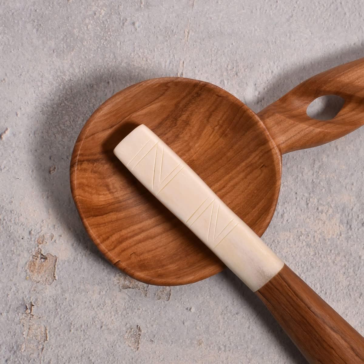 African Hand Carved Olive Wood Salad Servers with White Bone Handles