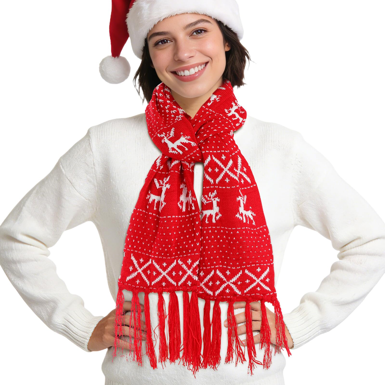 Ipetboom Sciarpa Natalizia Lavorata a Maglia Rossa 160 Cm Decorazione Fiocco di Neve e Cerbiatta, Sciarpa Calda in Lana, Accessorio Invernale per Attività All’aperto e Sci