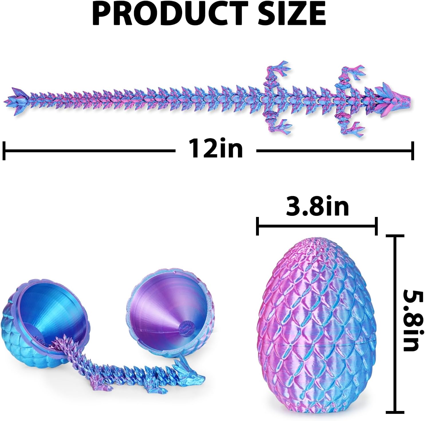 3D Printed Dragon Egg with Dragon Inside, Articulated Crystal Dragon Fidget Toy for Home Office Decor Executive Desk Toys, Easter Basket Stuffers for Adults and Kids (Laser Purple, H:5.8 Inch)