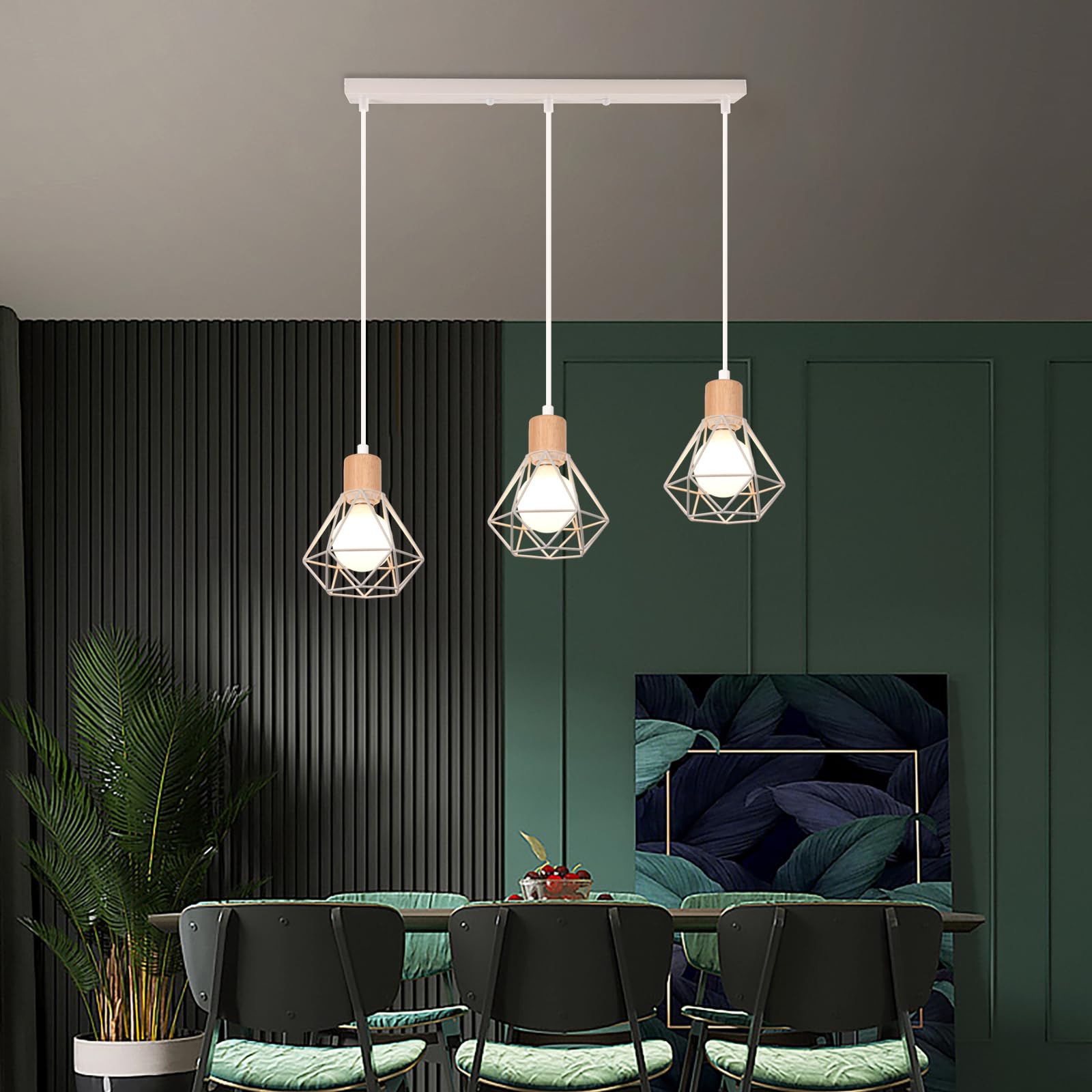 iDEGU 3 Luci Lampadario Industriale in Metallo Legno Lampada da Soffitto Stile Gabbia Bianco Illuminazione E27 Lampada a Sospensione Vintage per Sala da Pranzo Cucina Soggiorno Caffè (Barra)