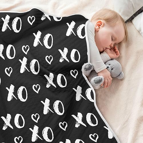 Miniatura 5 de Pigsaly XOXO - Mantas de bebé con letras negras y blancas de 30 x 40 pulgadas, diseño de grunge abrazos, besos, manta para cuna para recién nacido,