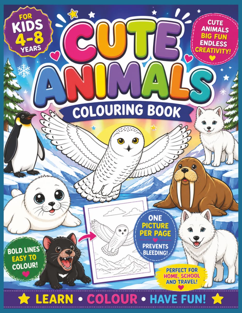 Cute Animals Colouring Book for Kids Ages 4–8: 100 pages (50 single-sided colouring pictures), welcome page, 'this book belongs to' page