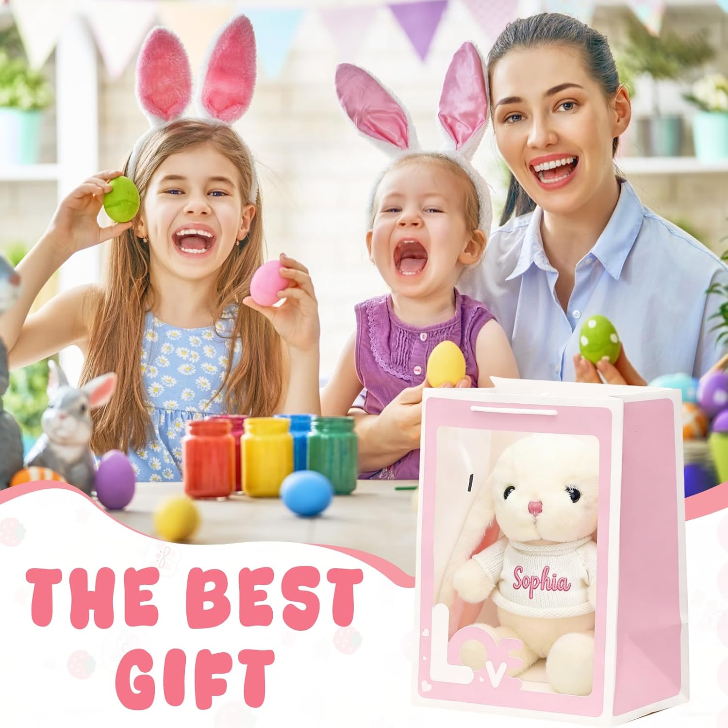 OELTTG Personalized Easter Bunny Plush - 12'' Custom Embroidered Name with 9 Outfit Colors, Unique Easter Gift, Easter Basket Stuffers, Bunny Stuffed Animal for Babies, Easter Personalized Baby Gifts