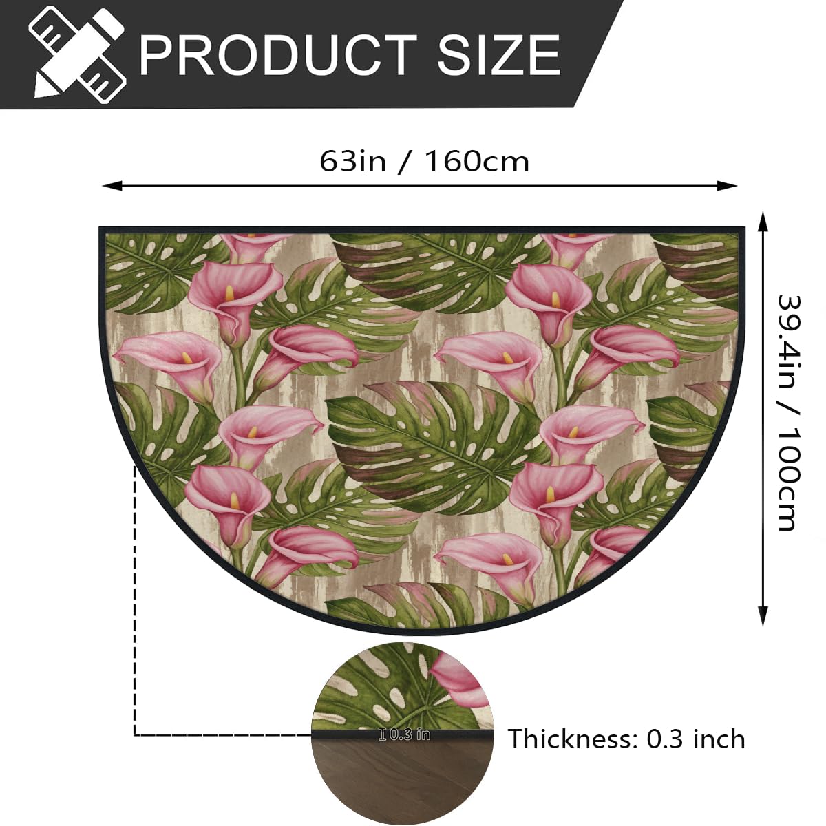 Große halbrunde Fußmatte – Retro-Palmblatt-Blumenmuster, rutschfest, saugfähig, halbrund, Eingangsbereich, niedlich, weich, halbrund, waschbar, Teppich für Küche, Badezimmer, Schlafzimmer, 160