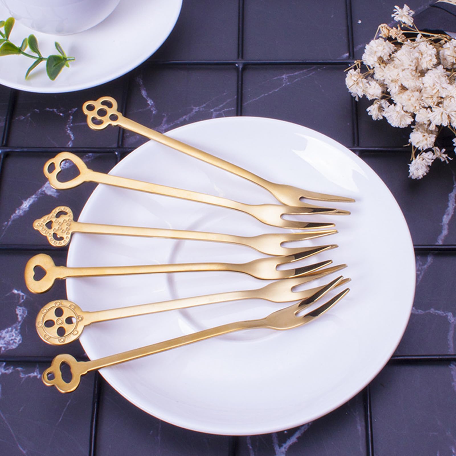 AYNEFY 5pcs Stainless Steel Fruit Forks Set 2 Prong Small Appetizer Dessert Forks Gold Dishwasher Safe Rustproof for Cocktail Party Wedding Picnic