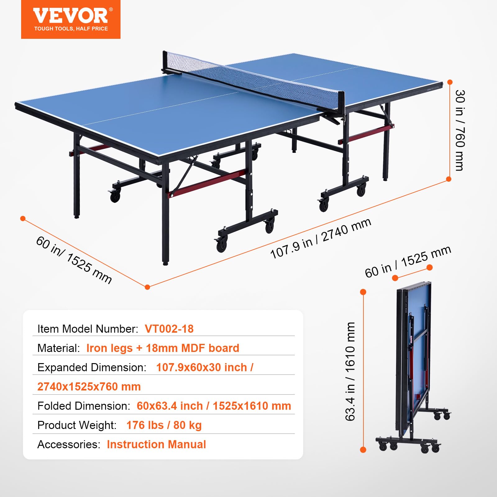 VEVOR Table de ping-pong pliable MDF 18 mm avec filet à serrage rapide et roues verrouillables