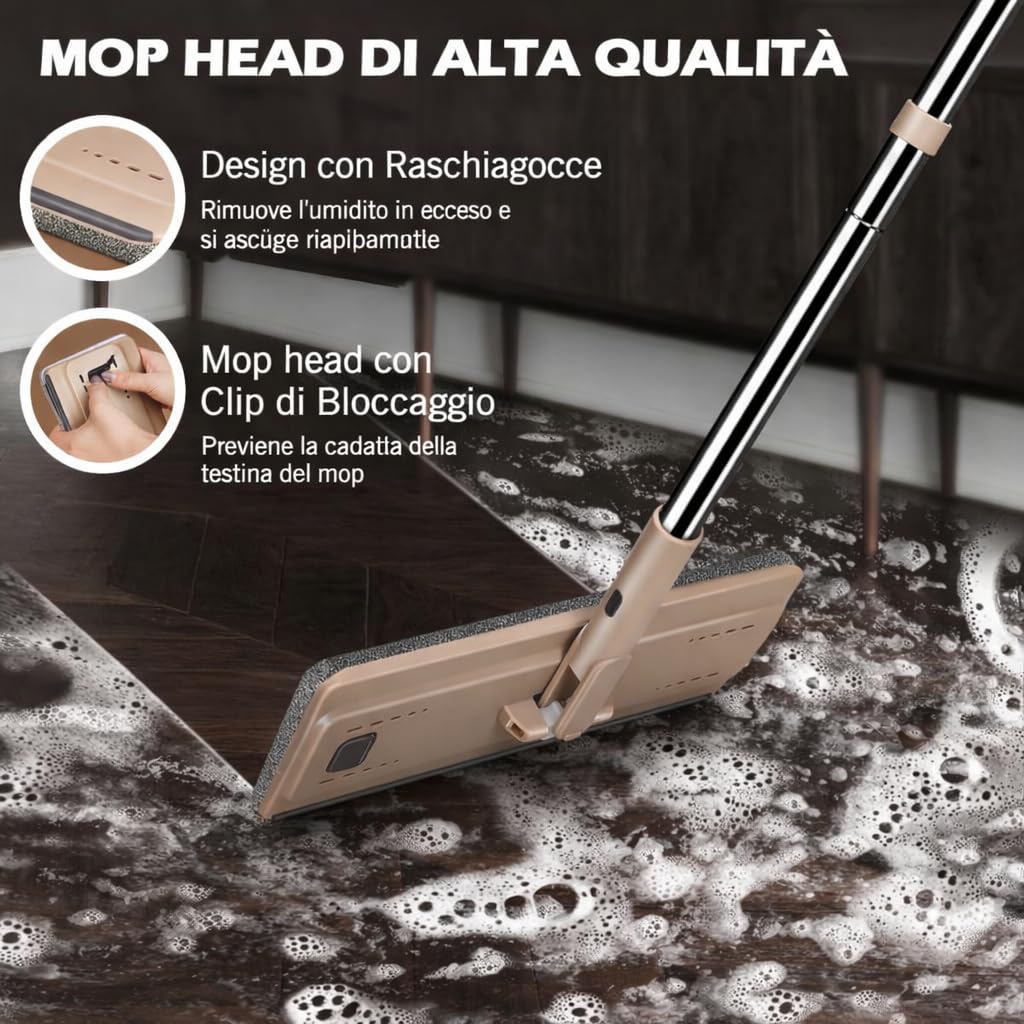 Mocio con Secchio e Strizzatore, Mop Piatto con 6 Panni in Microfibra, Manico Telescopico in Acciaio Inox 132 cm, Lavapavimenti per Casa, Piastrelle e Parquet, Colore Beige