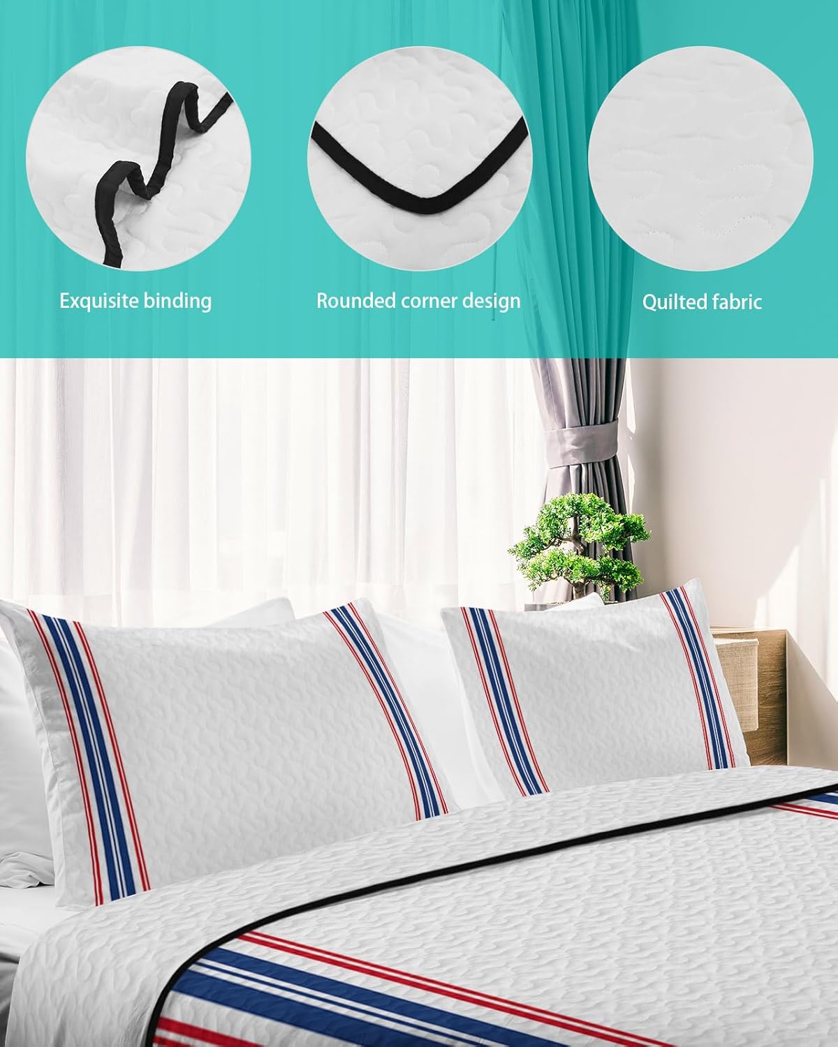 Full Size Quilt Set, American Independence Day Lightweight Bedspread Coverlet Set Soft Microfiber Summer Quilt with 2 Pillow Shams, Blue Red White Stripes 3 Piece Comforter Bedding Set