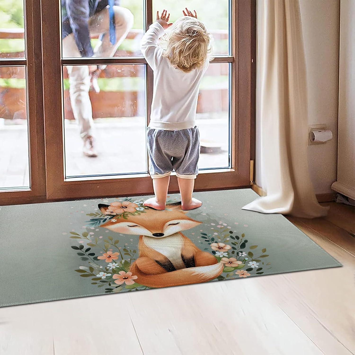 Cute Flower Fox Indoor Door Mat 29.5x17in,Non Slip Backing Animal Floor Mat,Non Woven Entryway Rug,Welcome Mats Decor,for Entrance Inside Porch Bedroom Kitchen,Doormats Gifts
