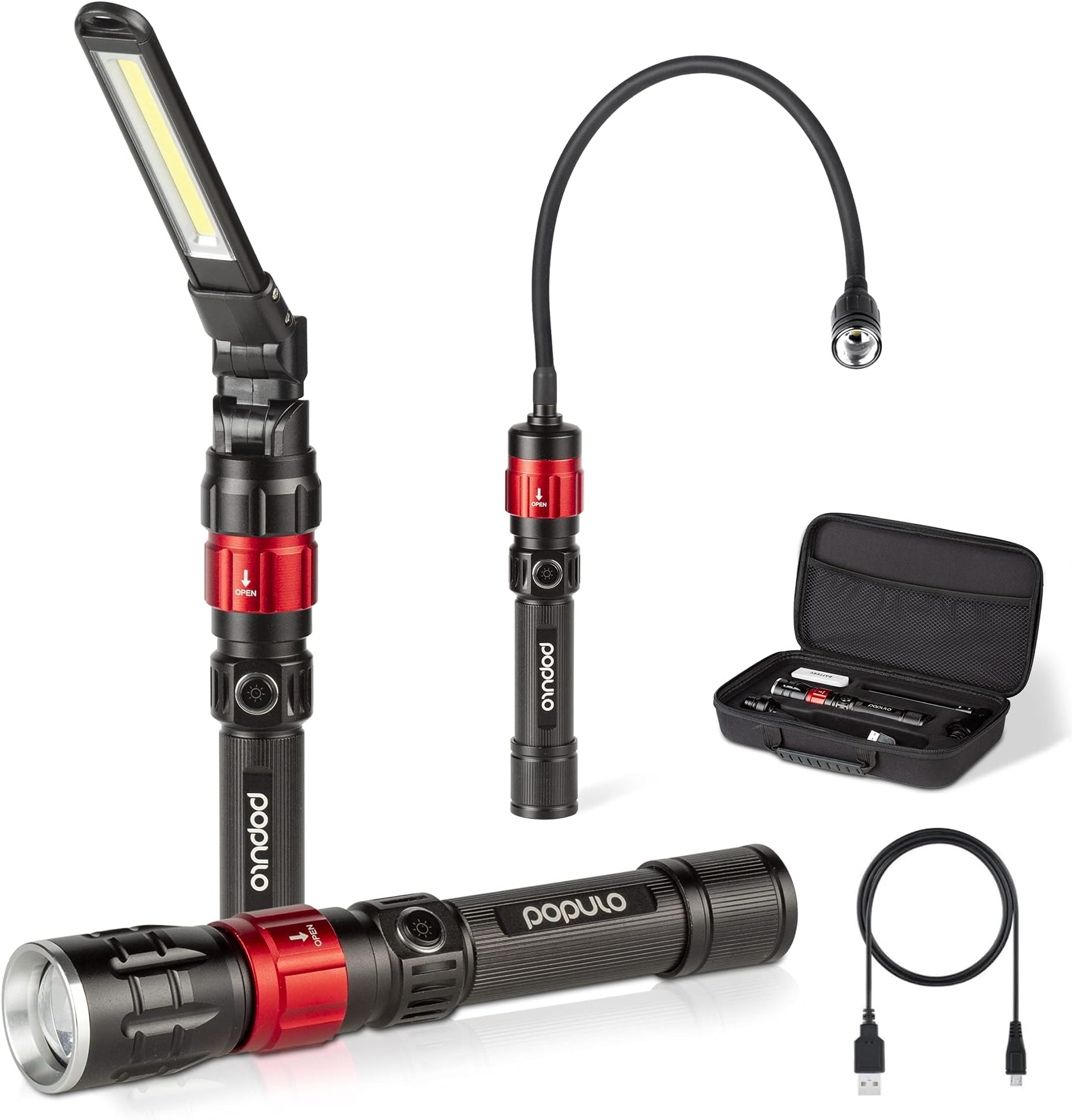 POPULO 3-in-1 Magnetic LED Work Light, Rechargeable Mechanic Flashlight | 400 Lumens, 1800mAh Battery, Magnetic Base & Flexible Gooseneck. For Car Repair, Garage, Emergency. Gifts for Men Dad.