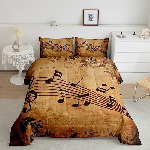 Miniatura 2 de Manfei Juego de edredón musical tamaño Queen, juego de ropa de cama con estampado de notas musicales retro para niños y niñas, decoración de