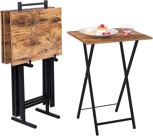 Miniatura 8 de HOOBRO Folding TV Tray Tables, Set of 4 TV Trays with Storage Rack, Industrial Side Table for Eating at Couch, Foldable Snack Table for Small Space,