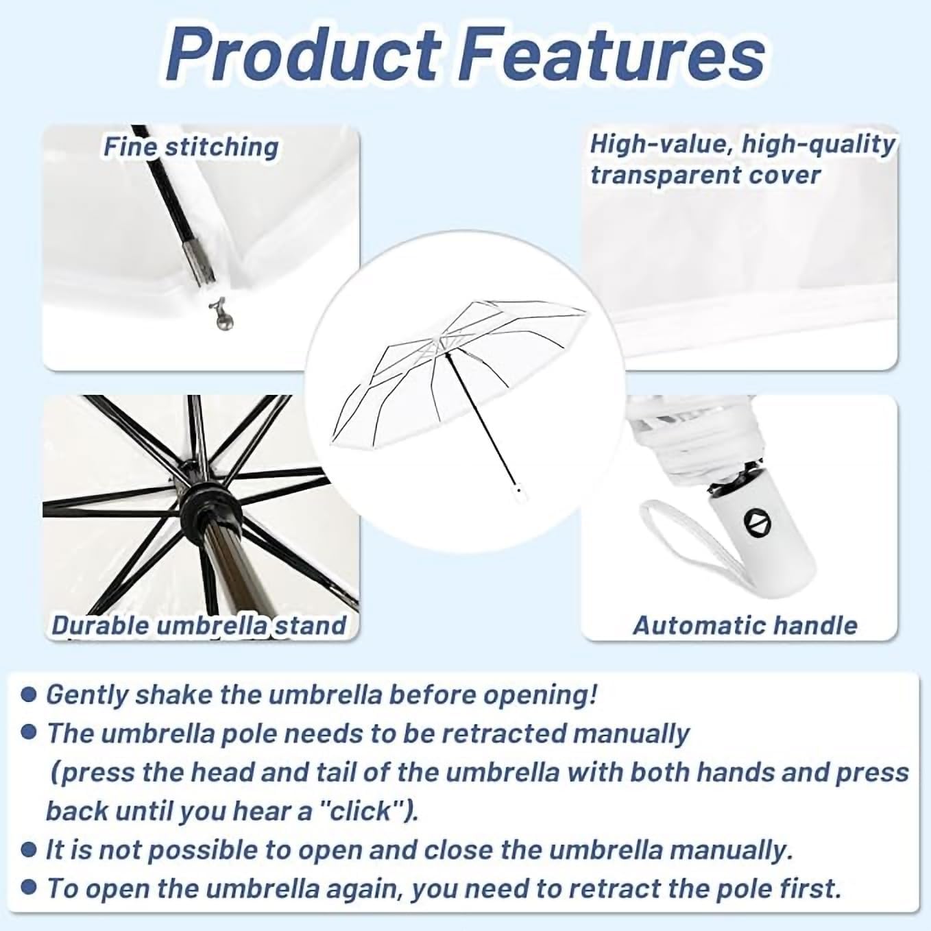 Windproof Compact Travel Umbrella Auto Open/Close Button, Clear Eco-Friendly Mini Folding Umbrella for Women Men Kids All Ages