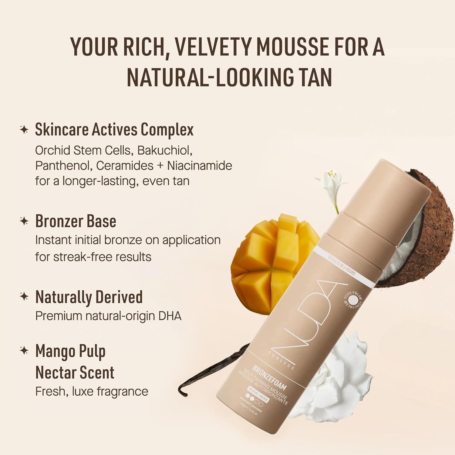 Nuda BronzeFoam Self Tanning Mousse | Lightweight, Fast-Drying & Streak-Free Sunless Tanner | Niacinamide, Bakuchiol, Orchid Stem Cells, Panthenol & Ceramides | Easy to Apply (Medium, 6.4 FL Oz)
