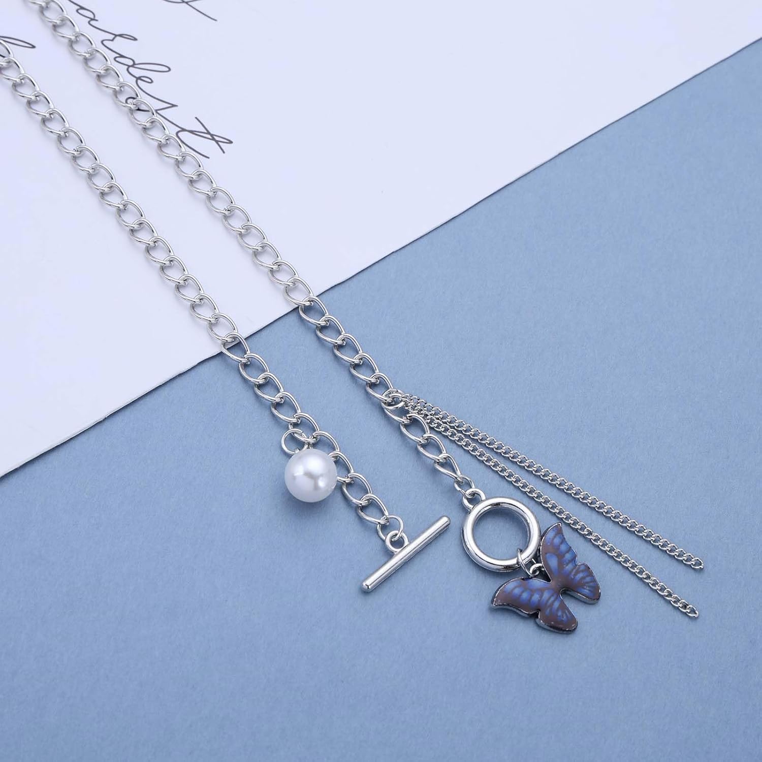 Bohemian Pearl Butterfly Choker Necklace Blue Enamel Butterfly Pendant Necklace Round Pearl Tassel Chain Necklace Pearl Butterfly Toggle Clasp Necklace Jewelry for Women - Image 7