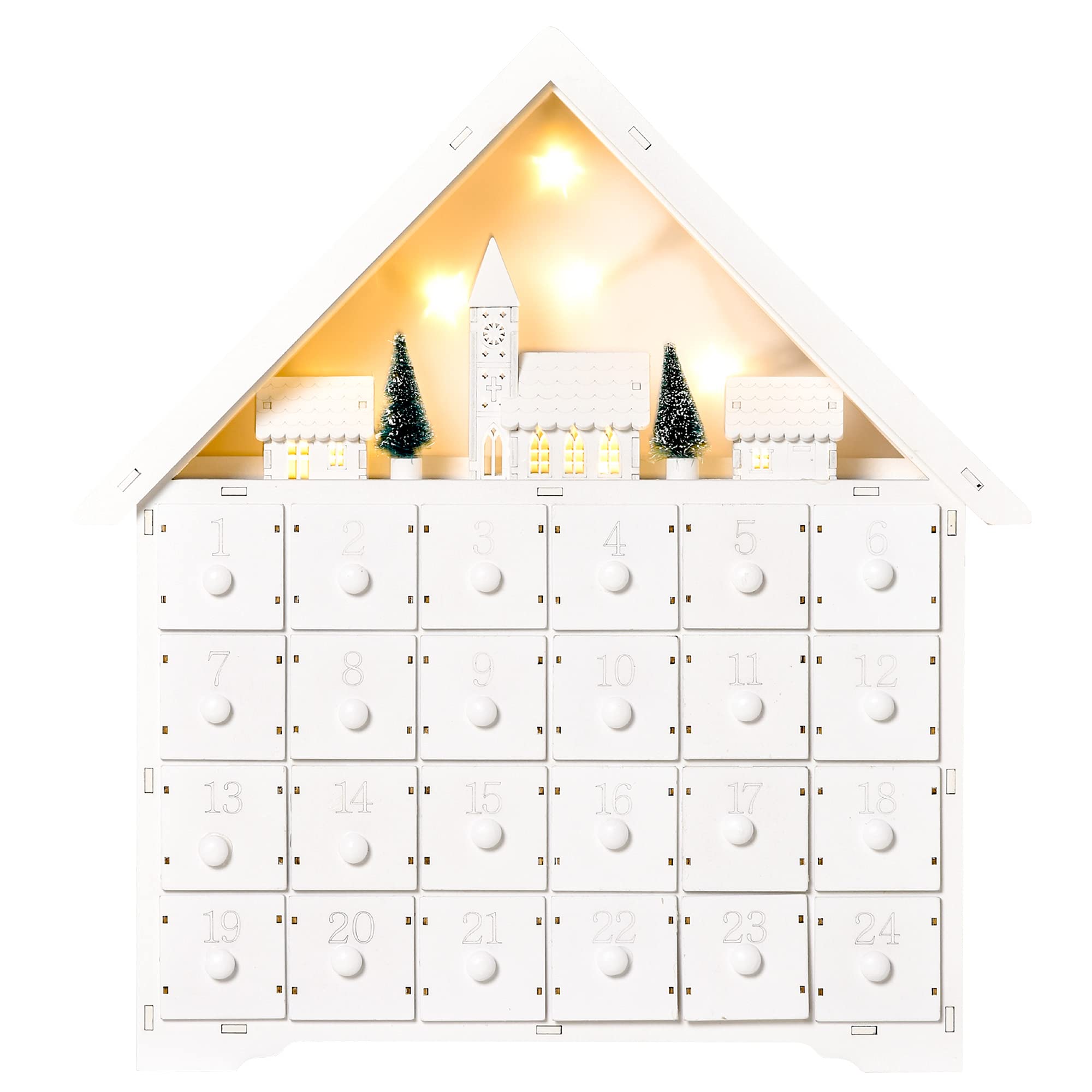 HOMCOM Calendario de Adviento Navidad 24 Cajones Luces LED Decoración Navideña Casita 39x9x42 cm Blanco