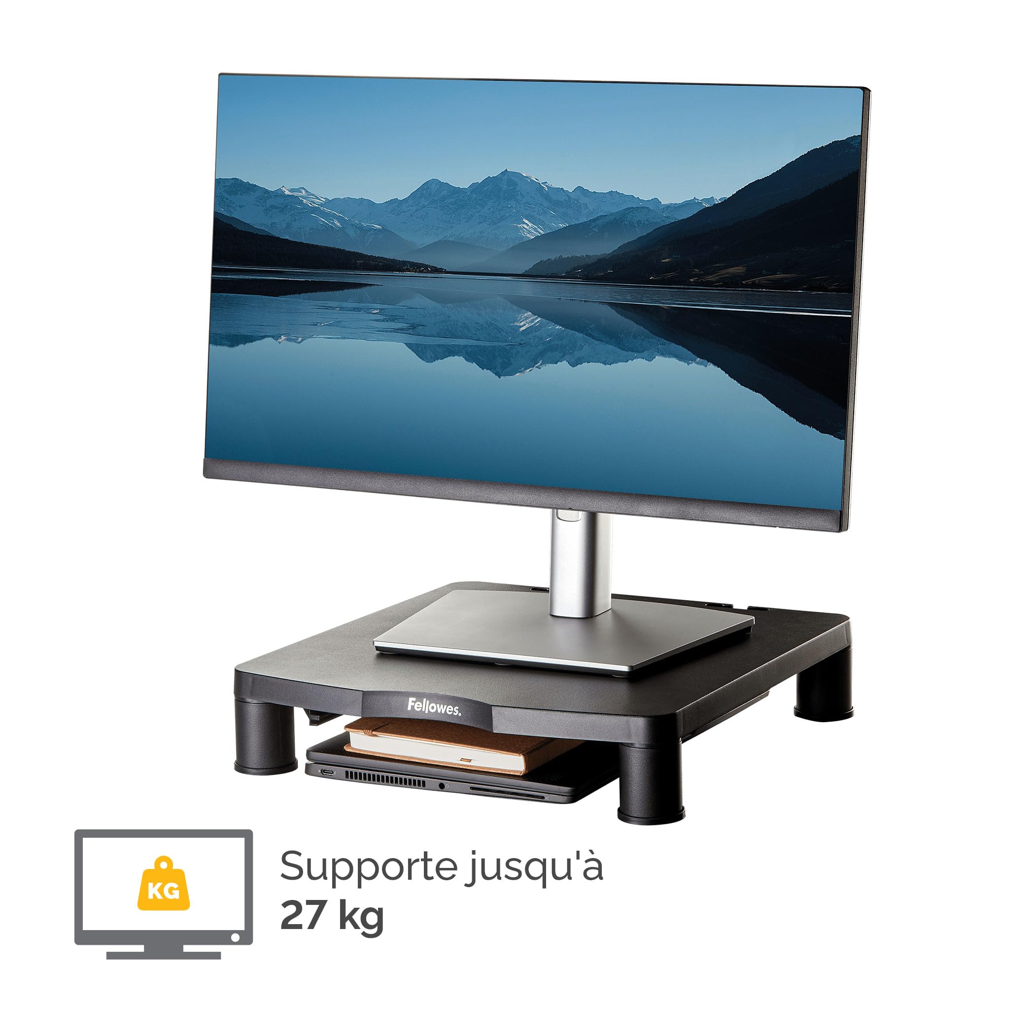 Fellowes Support d'écran Everyday Noir Réglable en Hauteur 3 Niveaux Ergonomique Gestion des câbles Charge Max 27 kg