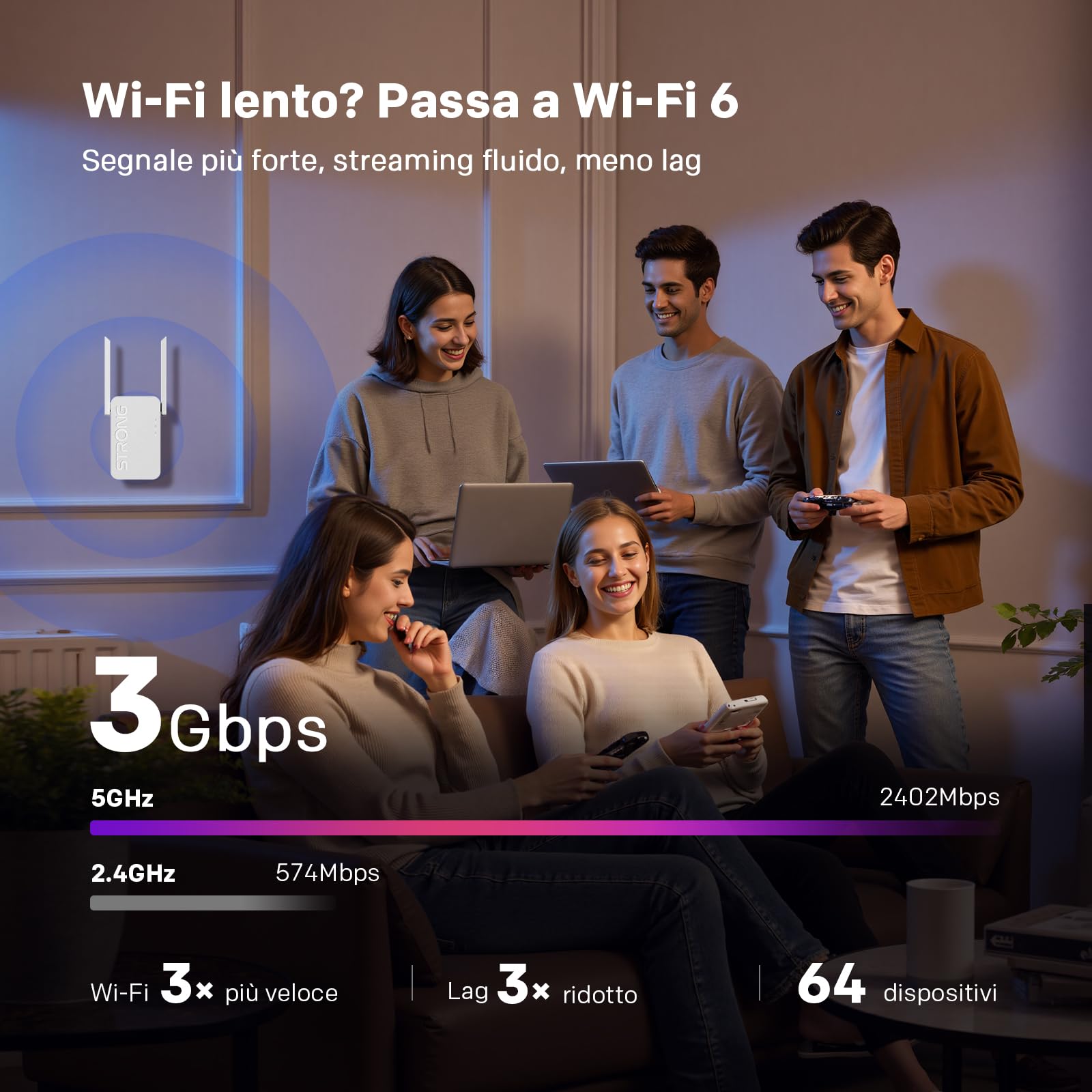 STRONG Ripetitore WiFi 6 AX3000, Amplificatore WiFi Dual Band | 3000 Mbps, WiFi 6, Dual Band, Ripetitore WiFi, Porta Gigabit, 2 antenne esterne, Access Point, Gaming 4K