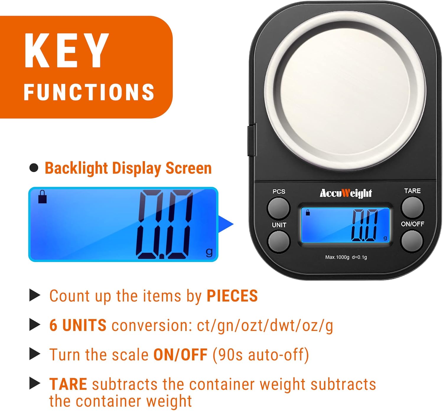 Diagrama que muestra las funciones principales de la báscula AccuWeight: Pantalla retroiluminada, Conteo por piezas, Conversión de 6 unidades, Encendido/apagado y Función de tara.