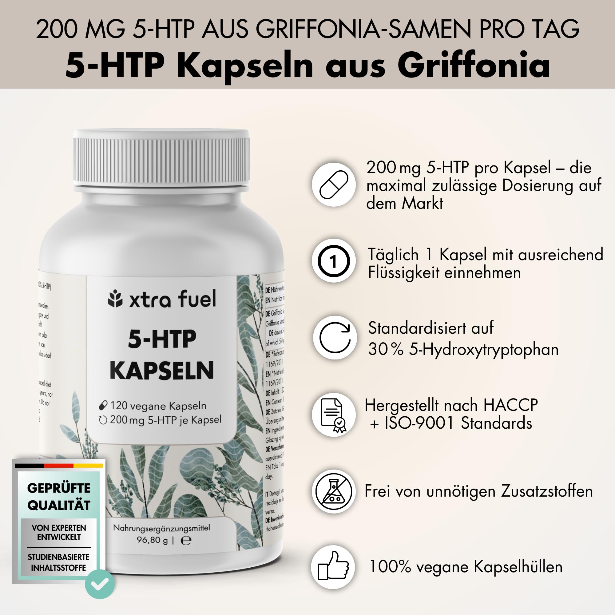 5-HTP - 360 Kapseln mit 200 mg 5-HTP pro Kapsel (hochdosiert) - 30% Extrakt aus natürlichem Griffonia Simplicifolia - laborgeprüft & vegan, pflanzliches 5 Hydroxytryptophan