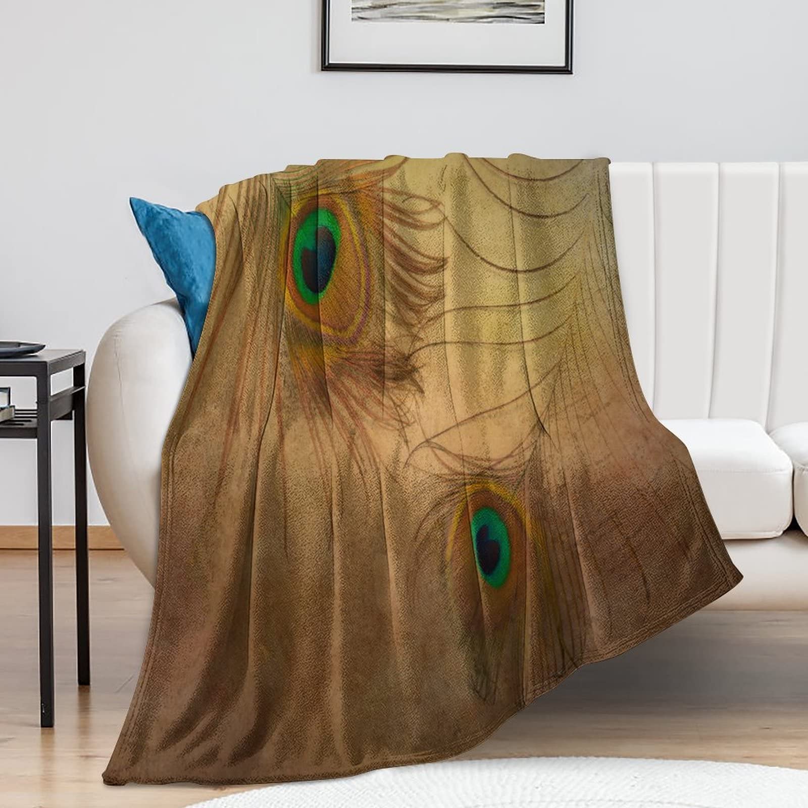 Couverture rustique en microfibre plumes de paon pour decoration salon et lit